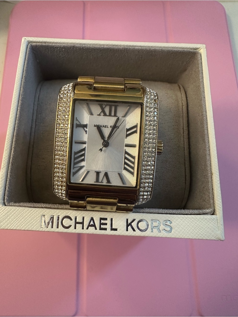 Michael Kors Gold Tone Crystal-Accented Rectangle Women's Watch